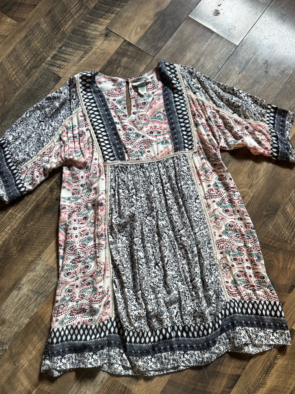 Sundance Boho Paisley Mixed Print Tunic Dress - Pink, Black & Cream